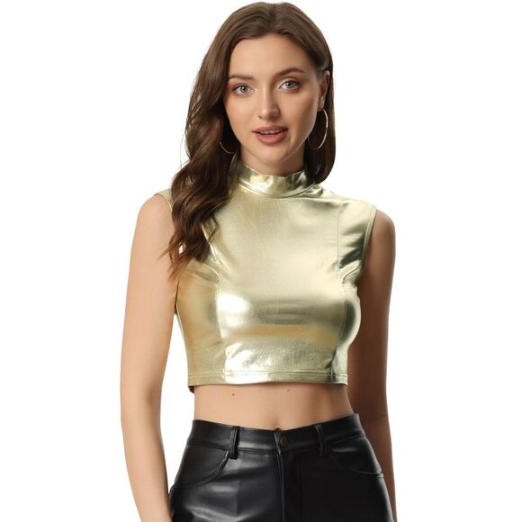 Metallic Crop Top Shiny Sleeveless Holographic Tank Tops Light Gold - Picture 1 of 5